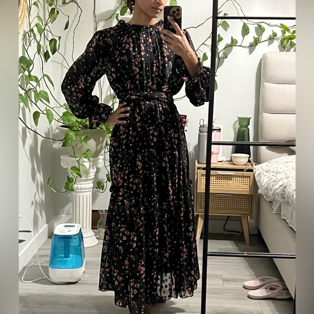 Vintage Black Floral Long Sleeve Dress